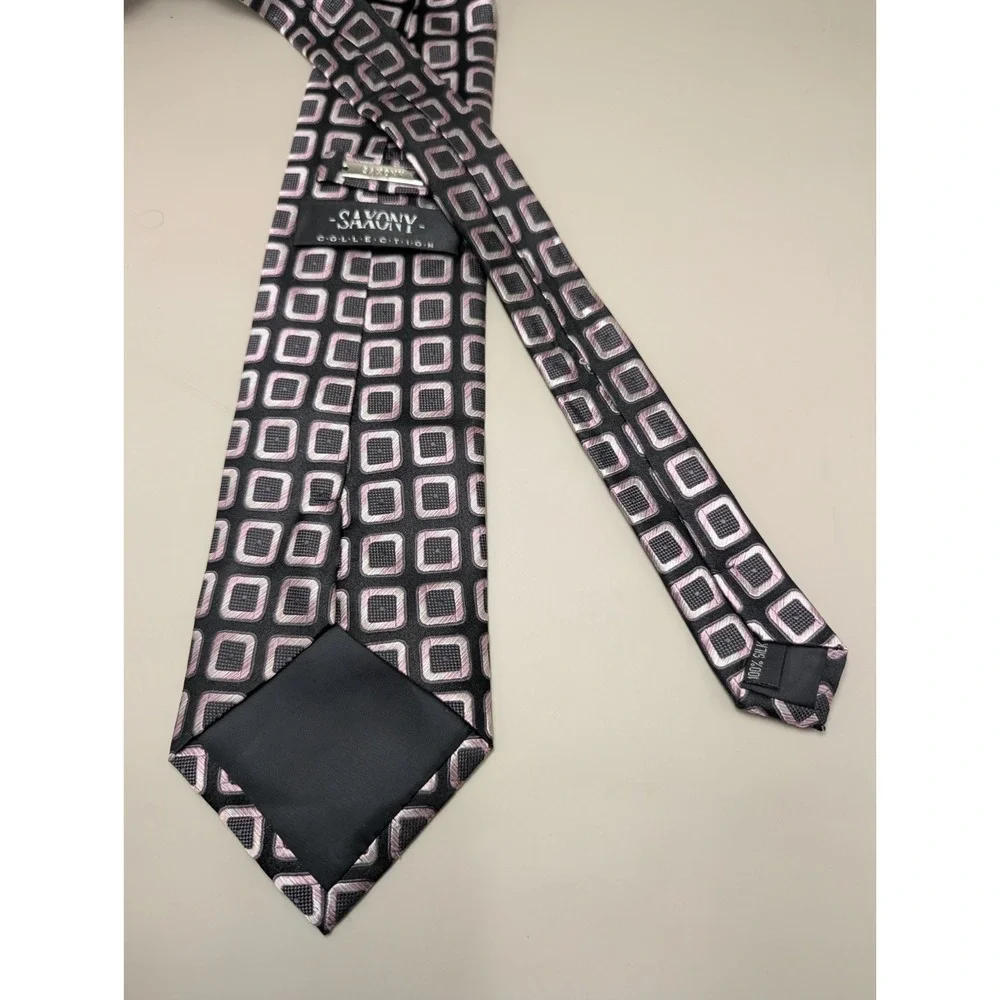 Saxony Collection Men's 100% Silk Tie Black Pink Geometric Square Necktie